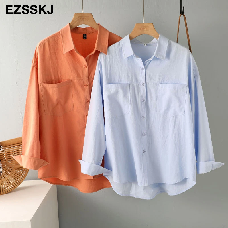 2021 new chic casual loose cotton blouse shirt women female white blouse shirt  spring summer women oversize shirt top