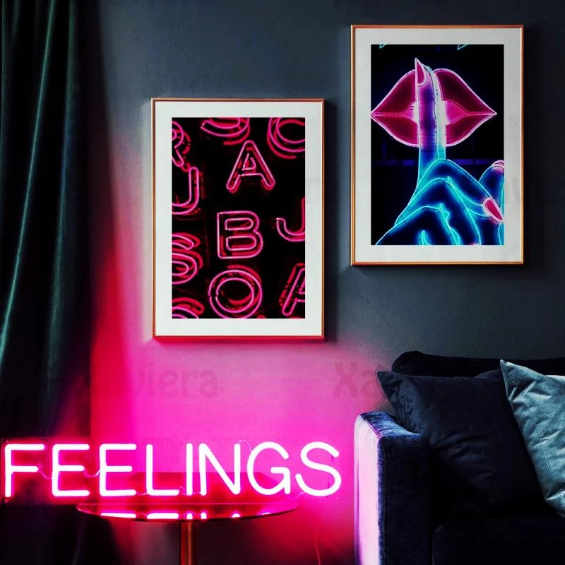 Fashion Decor Poster Neon Letters Sexy Lip Canvas Painting HD Prints and Poster Wall Pictures Girl Bedroom Home Decoration Mural