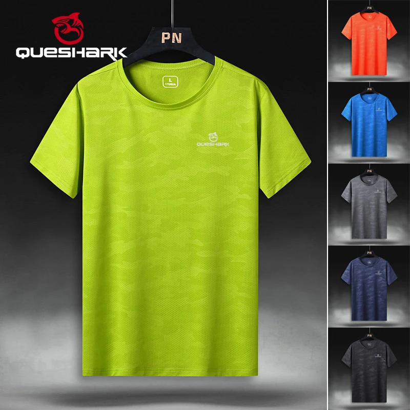 QUESHARK Men Short Sleeve Quick Dry Sports Running T Shirt Breathable Loose Tops T-shirts Tees Fitness Gym Workout Shirts Jersey