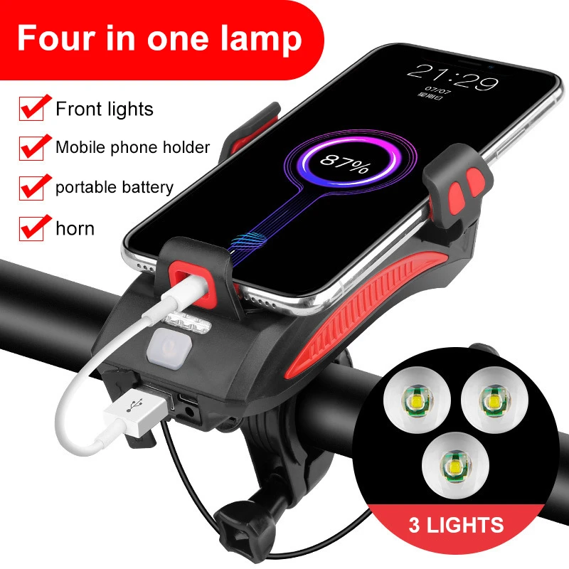 Multi-Function 4 in 1 Bicycle Light Flashlight Bike Horn Alarm Bell Phone Holder Power Bank Bike Accessories Cycling Front Light