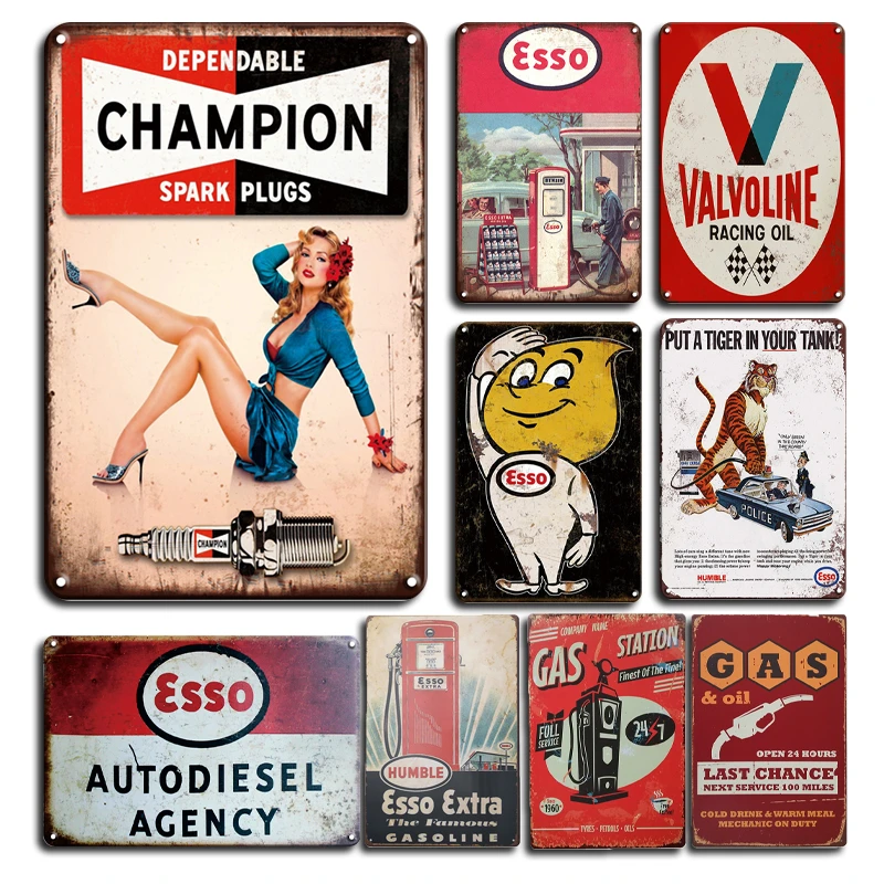 Esso Extra Motor Oil Metal Tin Sign Vintage Champion Spark Plug Tin Plate Sign Retro Gas Station Decor Personalized Metal Plaque