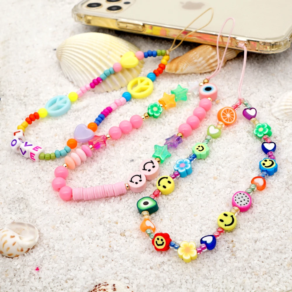 Go2Boho Chain For Phone Straps Holder Phone Case Chains Cute Smiley Face Beaded Strap 2021 Fashion Women Colorful Beads Lanyard