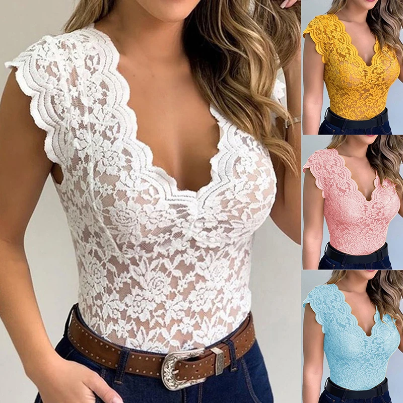 Women Sexy V Neck Lace Vest Top Sleeveless Solid Wire Free Tops Female Elegant Clothing Ladies Casual Plus Size Underwear