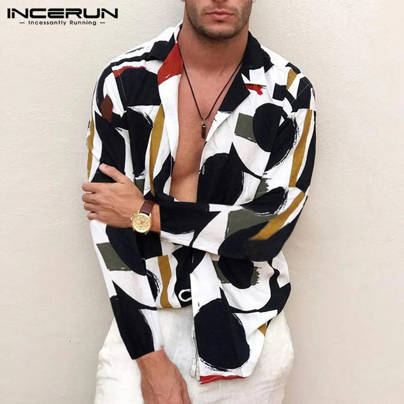 INCERUN 2021 Fashion Print Men Shirt Lapel Collar Streetwear Long Sleeve Breathable Hawaiian Casual Shirts Men Chic Camisa S-5XL