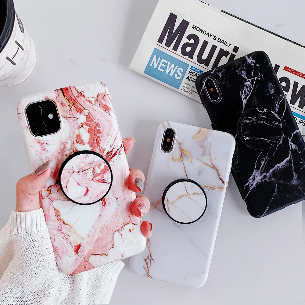 FLYKYLIN Holder Stand Marble Case For iPhone 11 Pro Max SE 2 Back Cover For Huawei P30 Pro P20 Lite Skin IMD Silicon Phone Coque