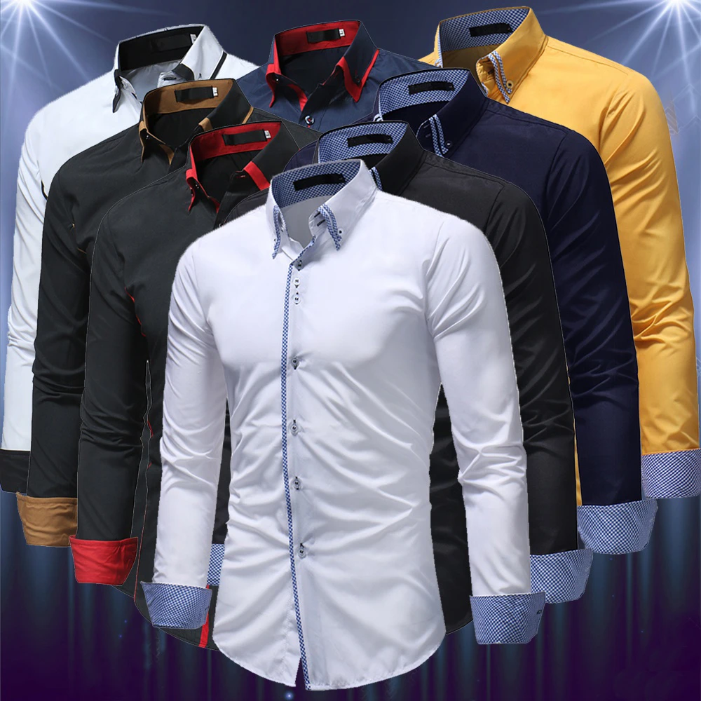 Men's Long Sleeve Business Shirt Double Collar Season Shirt Fashion Party Shirt Office Work Shirt
