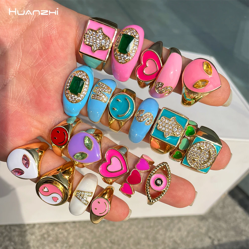 HUANZHI 2021 New Colorful Glaze Enamel Rings Metal Rhinestone Letter Love Ring Geometry Irregular for Women Girls Travel Jewelry