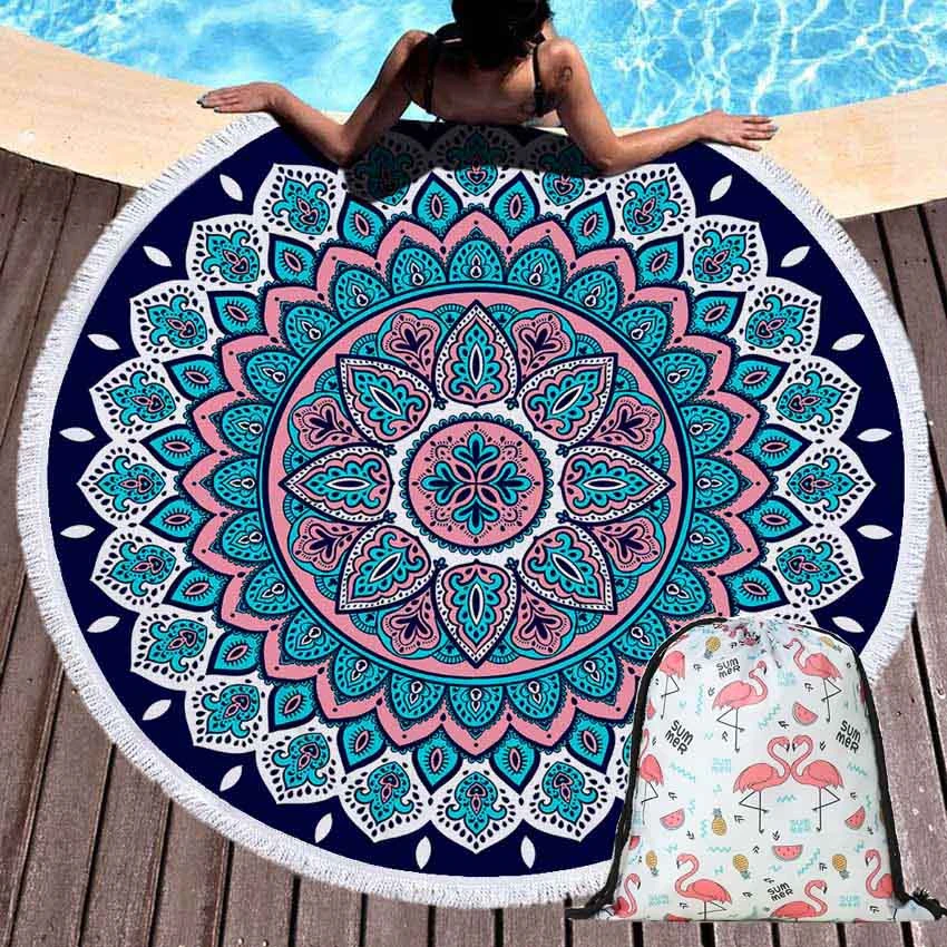 Mandala Geometric Summer Beach Towel Flower Round Blanket Wall Tapestry Seaside Bath Towel Yoga Mat With Drawstring Backpack Bag