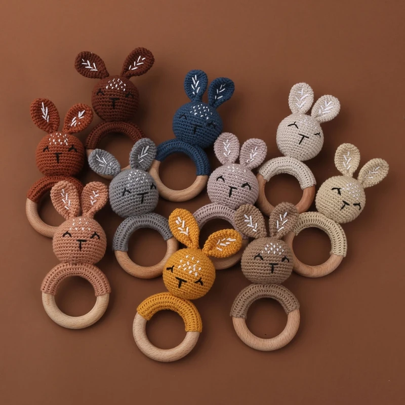 1pc Wooden Crochet Bunny Rattle Toy BPA Free Wood Ring Baby Teether Rodent Baby Gym Mobile Rattles Newborn Educational Toys
