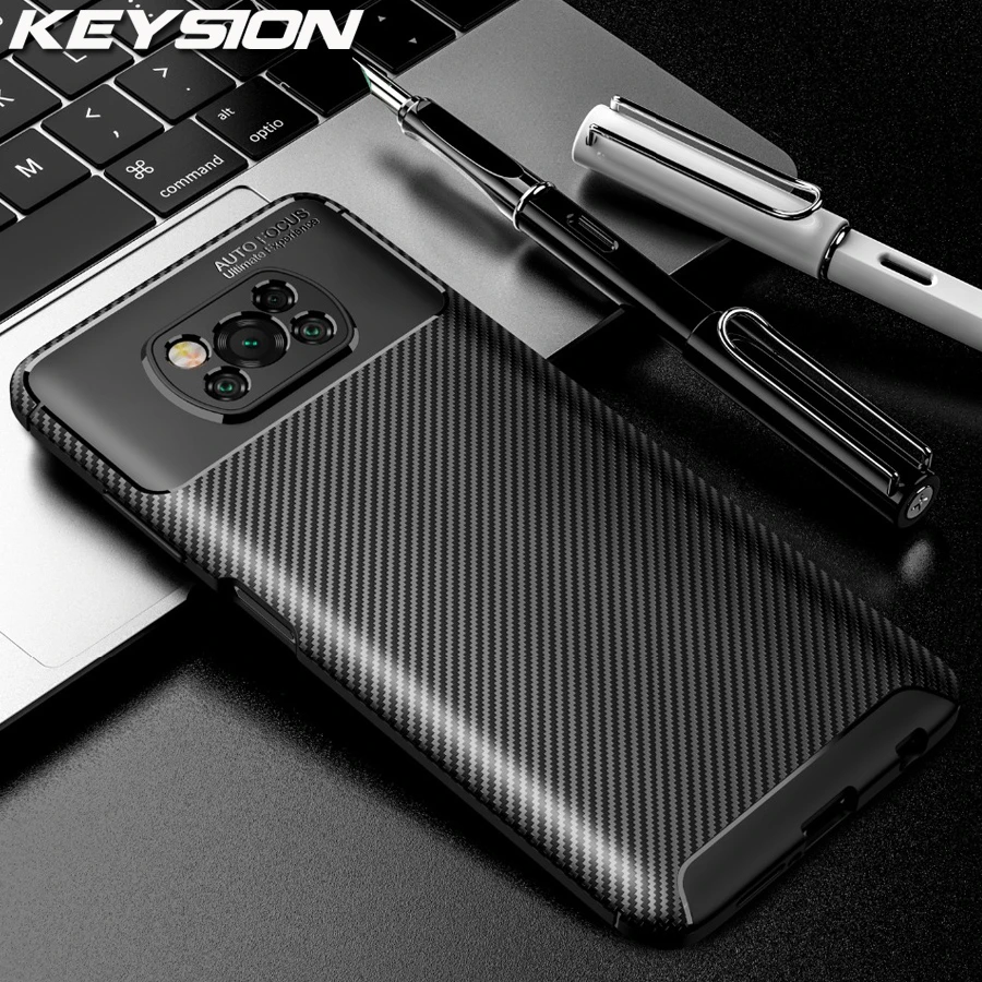 KEYSION Phone Case for Xiaomi POCO X3 NFC M3 Carbon Fiber Texture Silicone Shockproof Phone back Cover For Pocophone X3 Pro