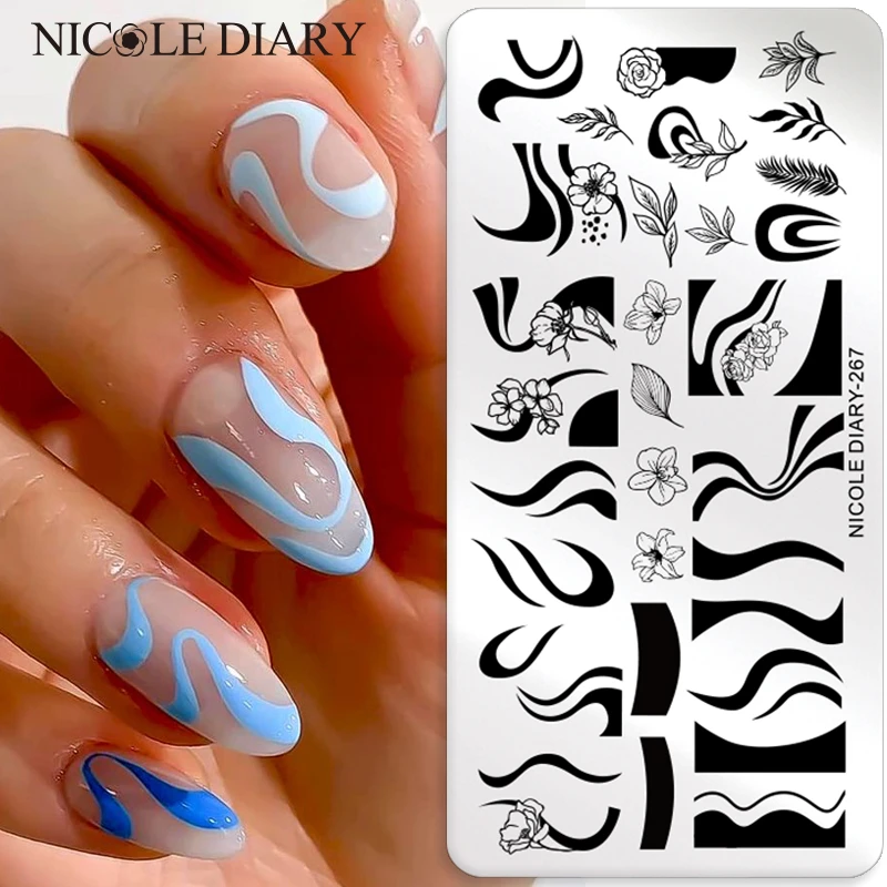 NICOLE DIARY Wave French Line Nail Art Stamping Plates Stainless Steel Printing Mold Stamp Templates Stencil Flower Decoration