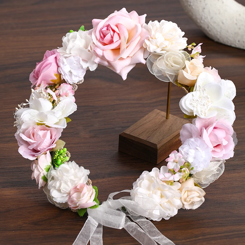 3 Design Artificial Flower Wreath Bride Women Flower Crown Hair Band Wedding Floral Headband Garland Ribbon Girl Hair Accessorie