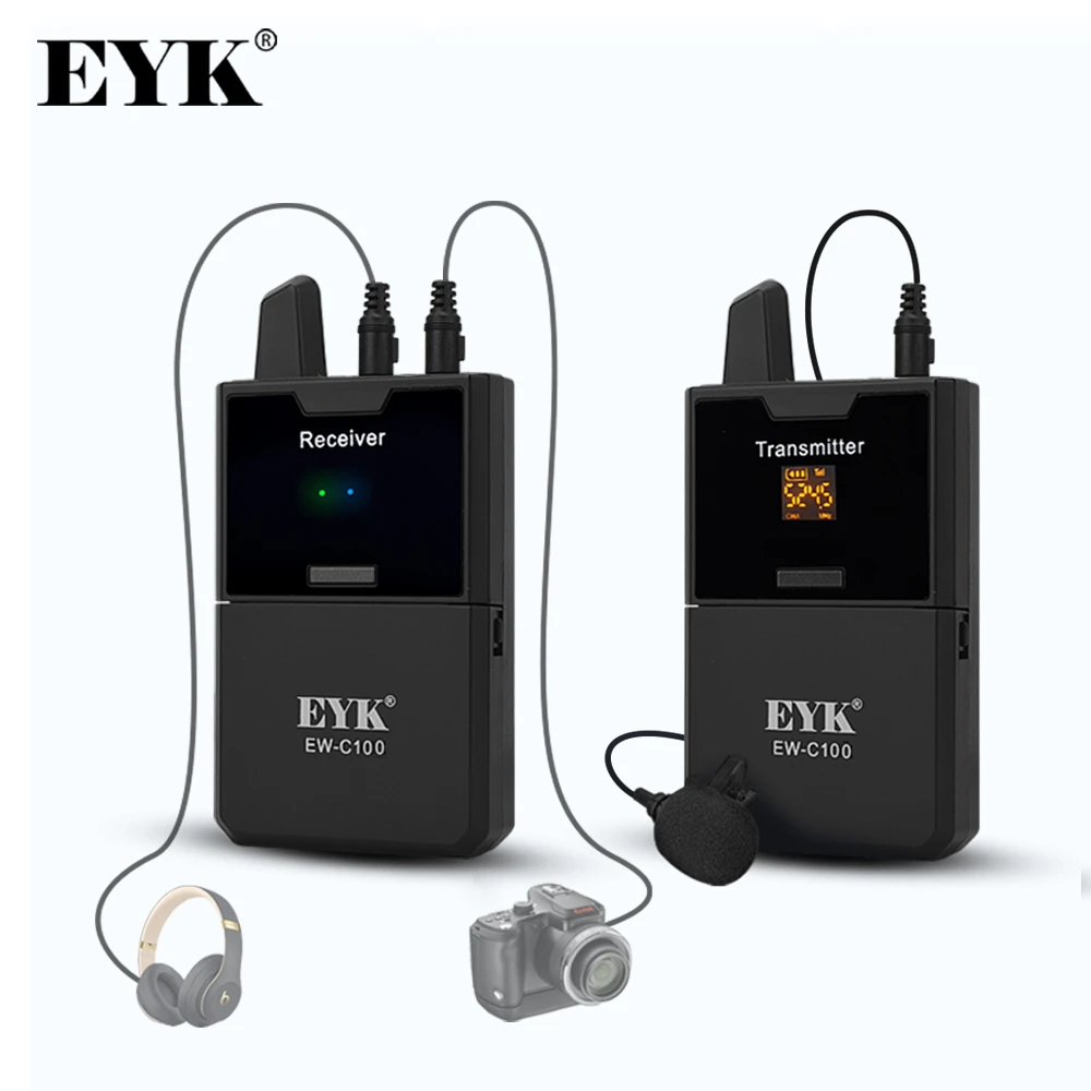 EYK EW-C100 Camera Mic Wireless Lavalier Microphone with Monitor Function UHF Wireless Lapel Mic for Smartphones DSLR Cameras
