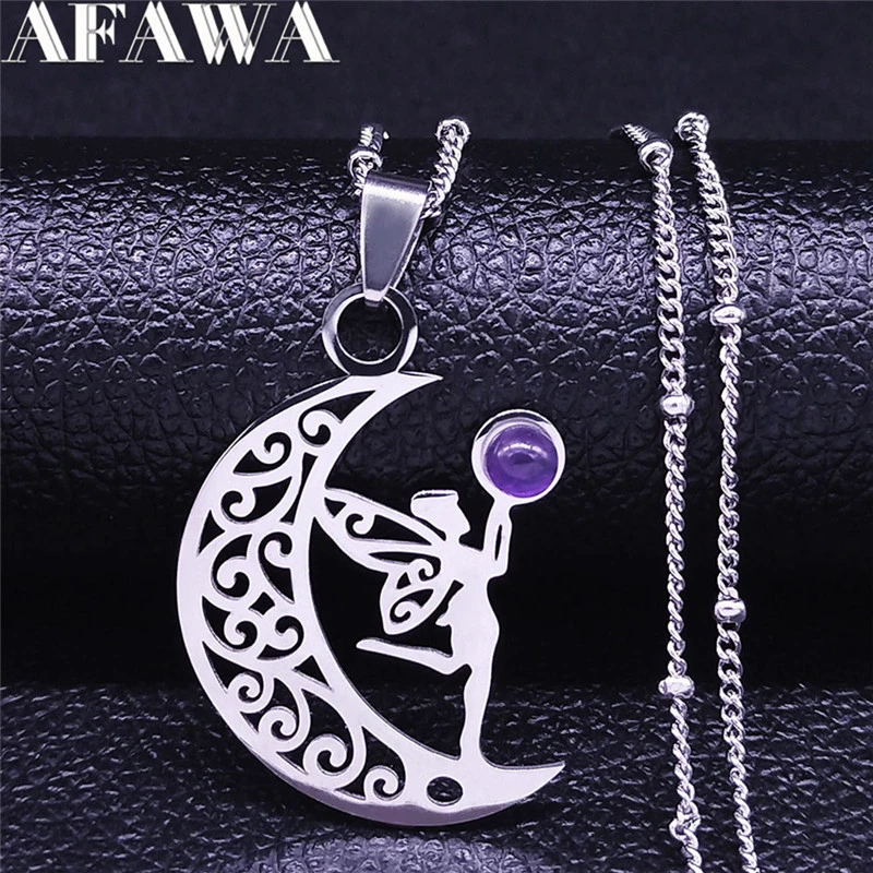 Witchcraft Moon Elves Purple Crystal Stainless Steel Silver Color Tree of Life Necklace Chain Jewelry bijoux femme N4331S02