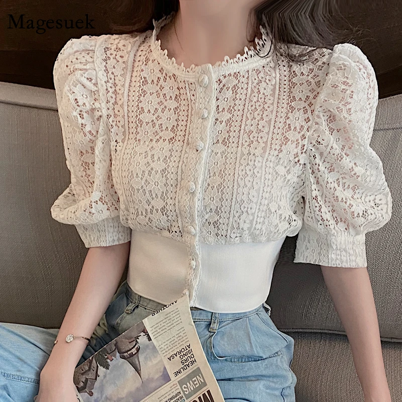 Summer Blouse Women Korean Hollow Out Lace White Women Shirt  2021 New Short Sleeve Button Loose Shirts Solid Female Tops 13607