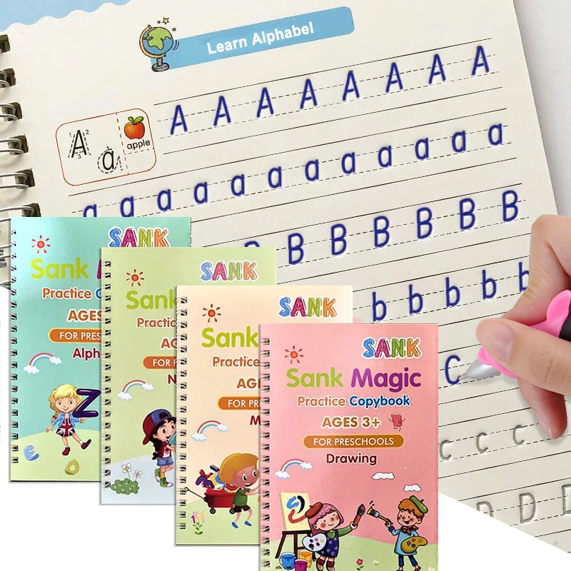 4 Books/Sets of Children's Magic Books, Reusable 3D Calligraphy Copybooks, English Number Lettering Magic Practice Copybooks
