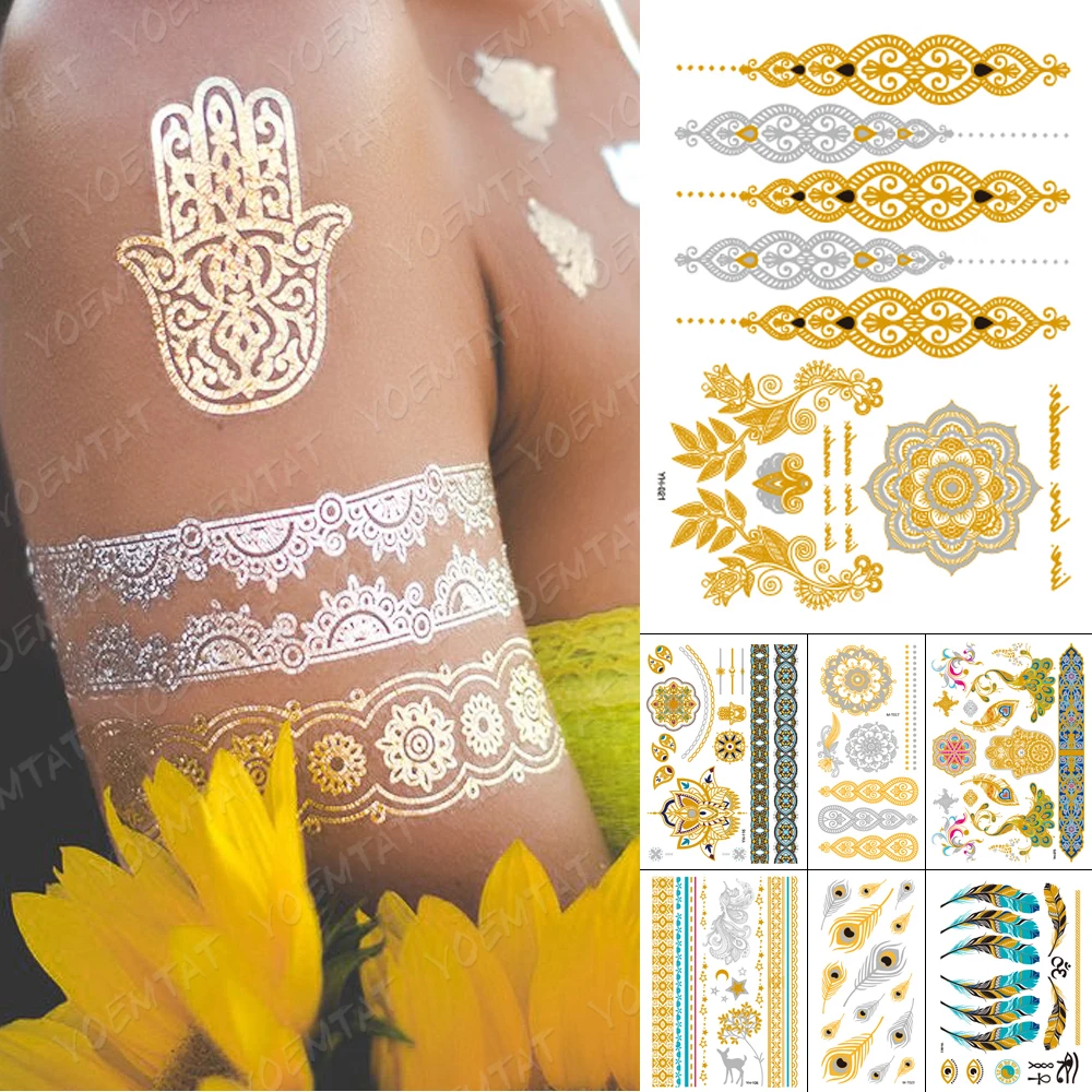 Golden Henna Haina Waterproof Temporary Tattoo Stickers Woman Sexy Transfer Tatto Arm Hand Silver Bridal Jewelry Fake Tatoo Girl