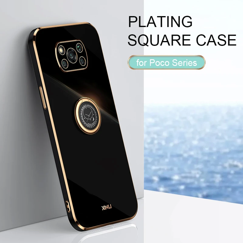 Plating Square Ring Holder Phone Case On For Xiaomi Mi Poco X3 Pro X 3 Nfc Gt 5g Poko X3pro  Luxury Soft Silicone Stand Cover