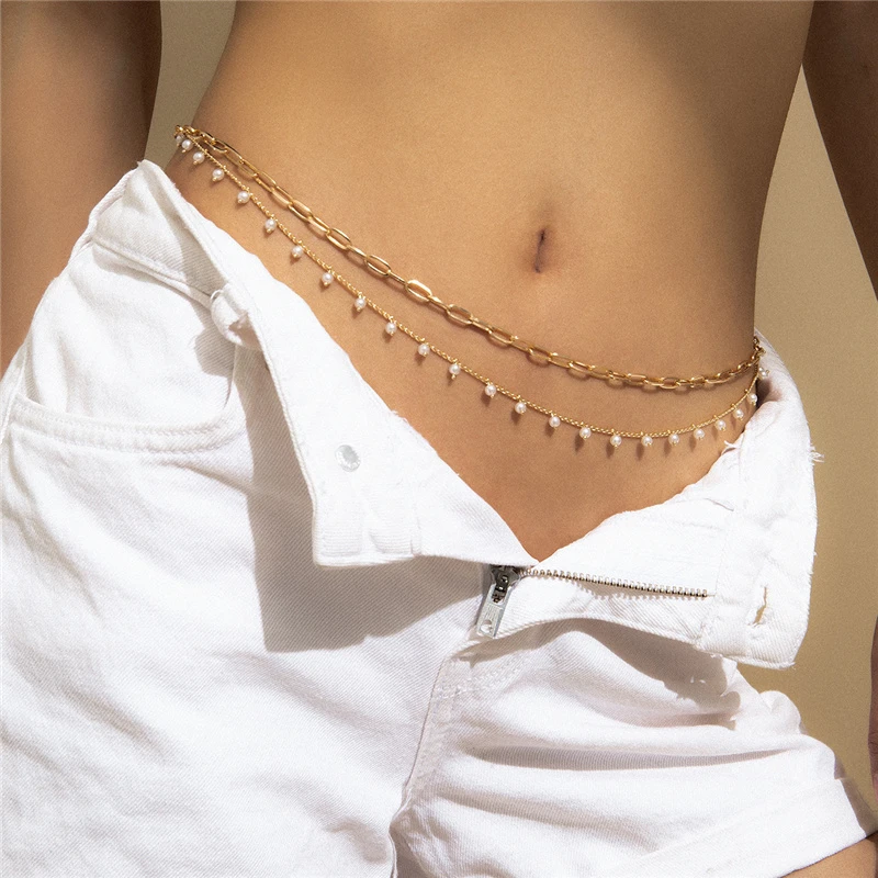 2021 Trends Fashion Sexy Bikini Beach Waist Chain Pearl Cross Body Chain Female Body Jewelry Abdomen Chain Women Exclusive
