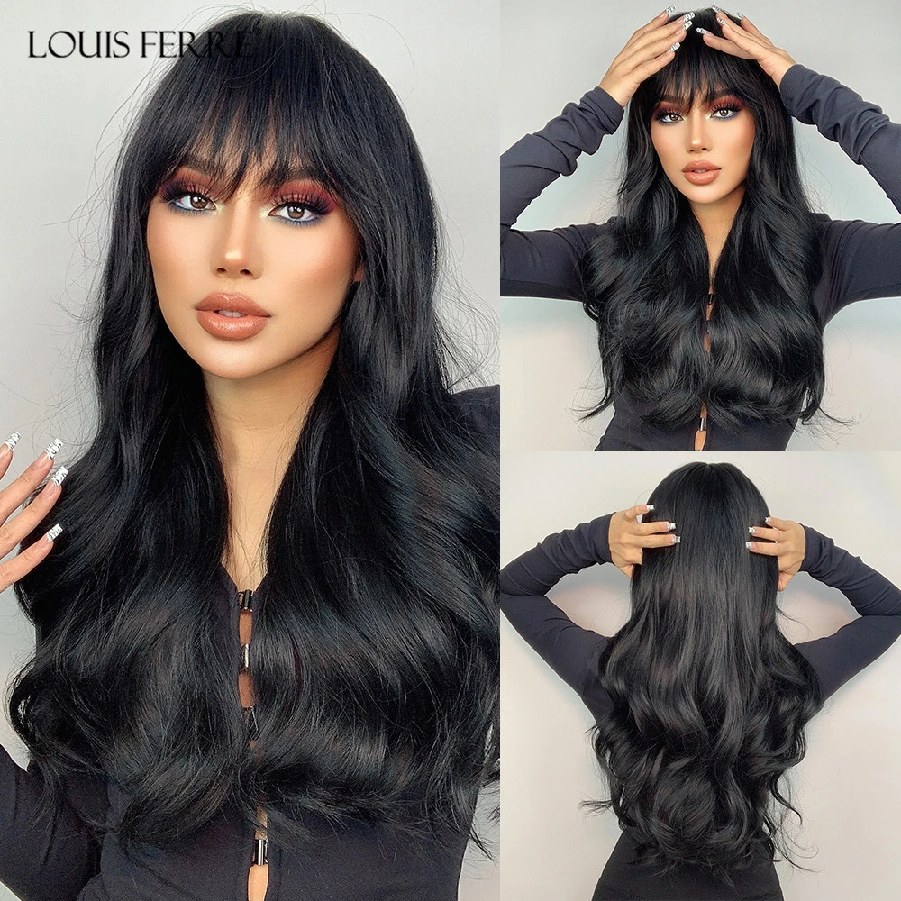 LOUIS FERRE Long Wavy Black Synthetic Hair Wigs with Bangs Cosplay Party Daily Heat Resistant Fibre for Women Afro Female Lady