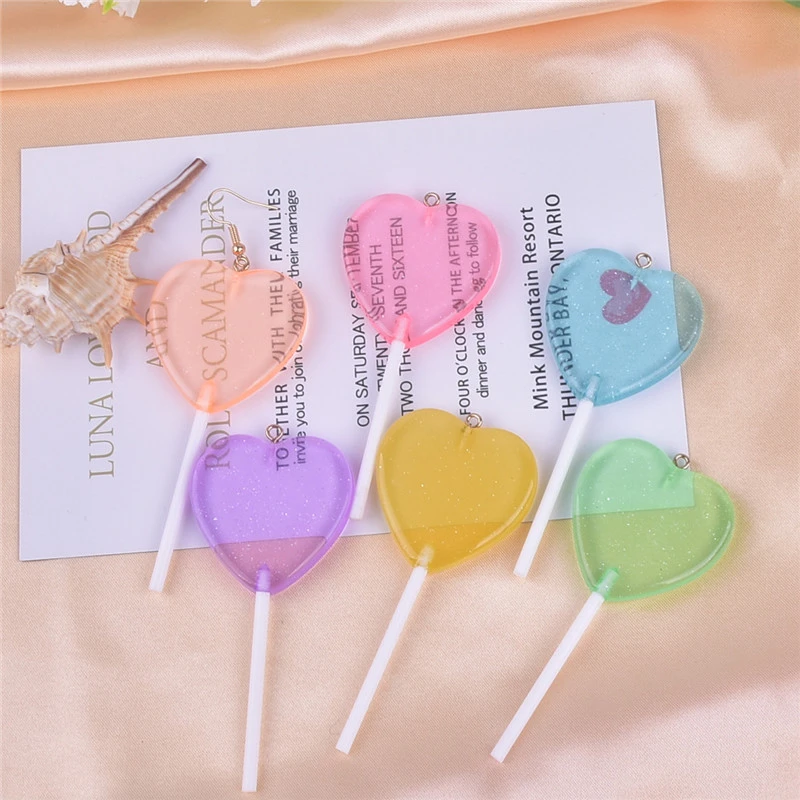 10pcs/12pcs/pack Bling Glitter Heart  Lollipop Resin Charms  for Earring Keychain Jewelry Making 85x22mm