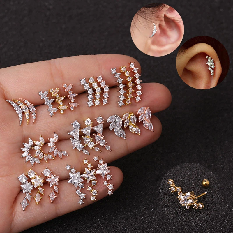 1PC Fashion CZ Ear Studs Cartilage Earring for Women Stainless Steel Zircon Leaf Small Stud Earring Ear Piercing Jewelry Gifts