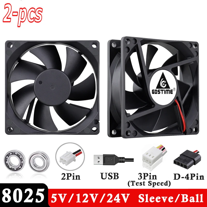 2 Pieces LOT Ball 8cm 80mm x 25mm 8025 5V 12V 24V 48V DC Brushless Computer Case PC CPU Cooling Fan Cooler 2 Pin 3Pin Radiator