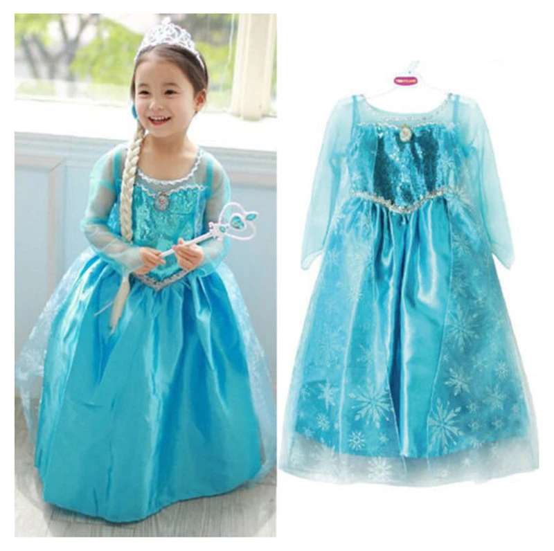 New Blue Baby Girls Kids Frozen Costume Dress Snow Princess Queen Dress Up Children's Party Gown Cosplay Tulle Dress 3-8 Years