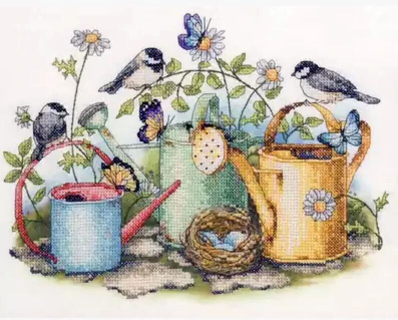 Gold Collection Lovely Counted Cross Stitch Kit Birds Bird Nest Butterflies Butterfly and Watering Pot Garden