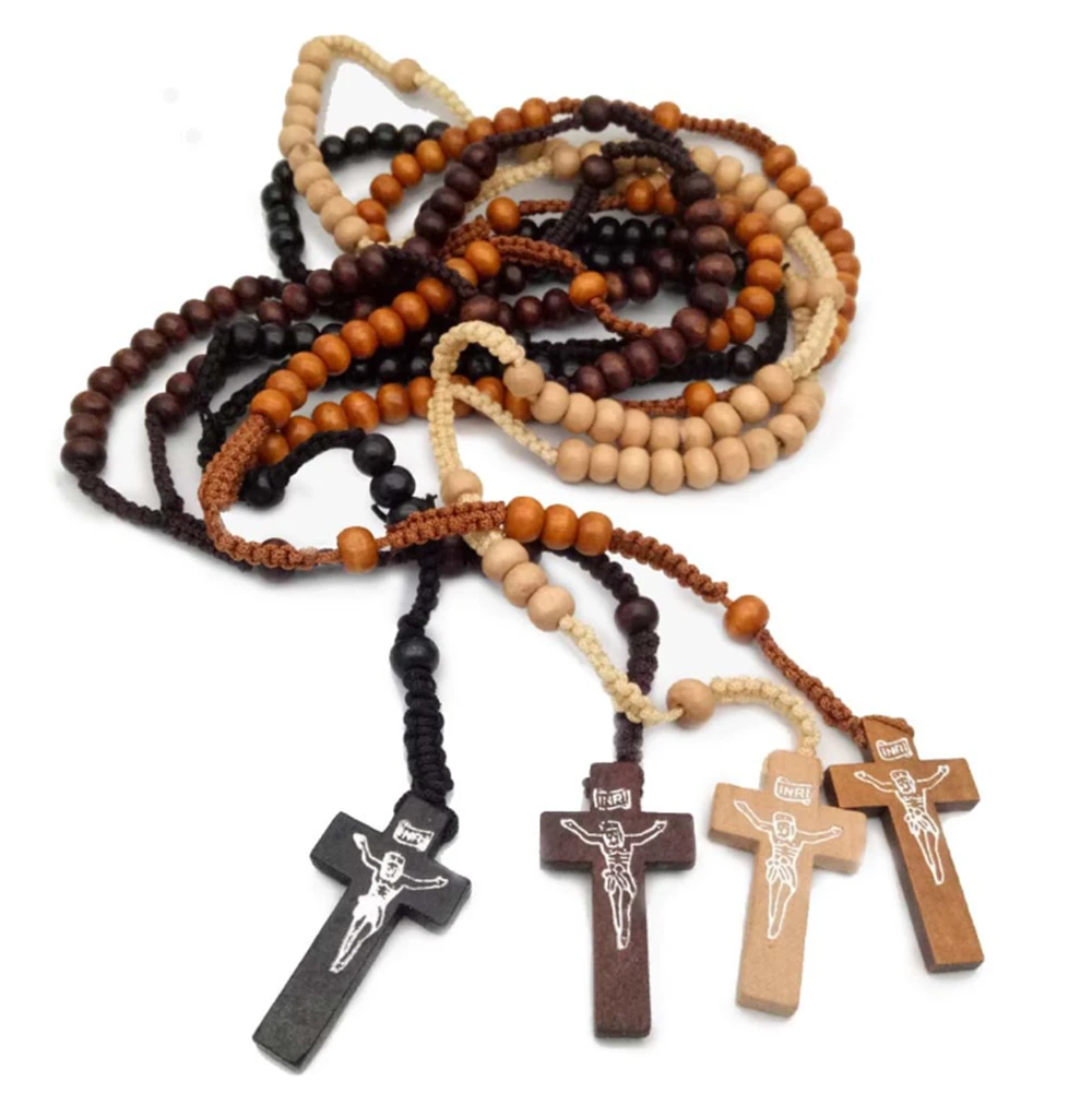 Christian Catholic Wooden Cross Virgin Holy Christ Pendant Necklace For Men Women Rosary Handmade Necklace Prayer Beaded Jewelry