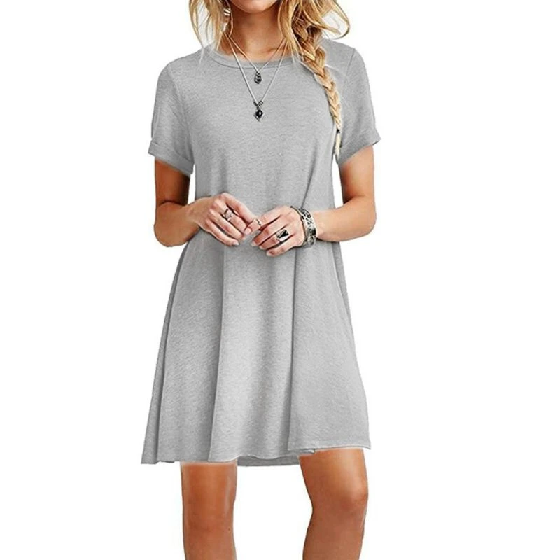 Womens Summer Plus Size Short Sleeves Midi Swing T-Shirt Dress Plain Solid Color Crew Neck Casual Loose Pullover Tunic Tops