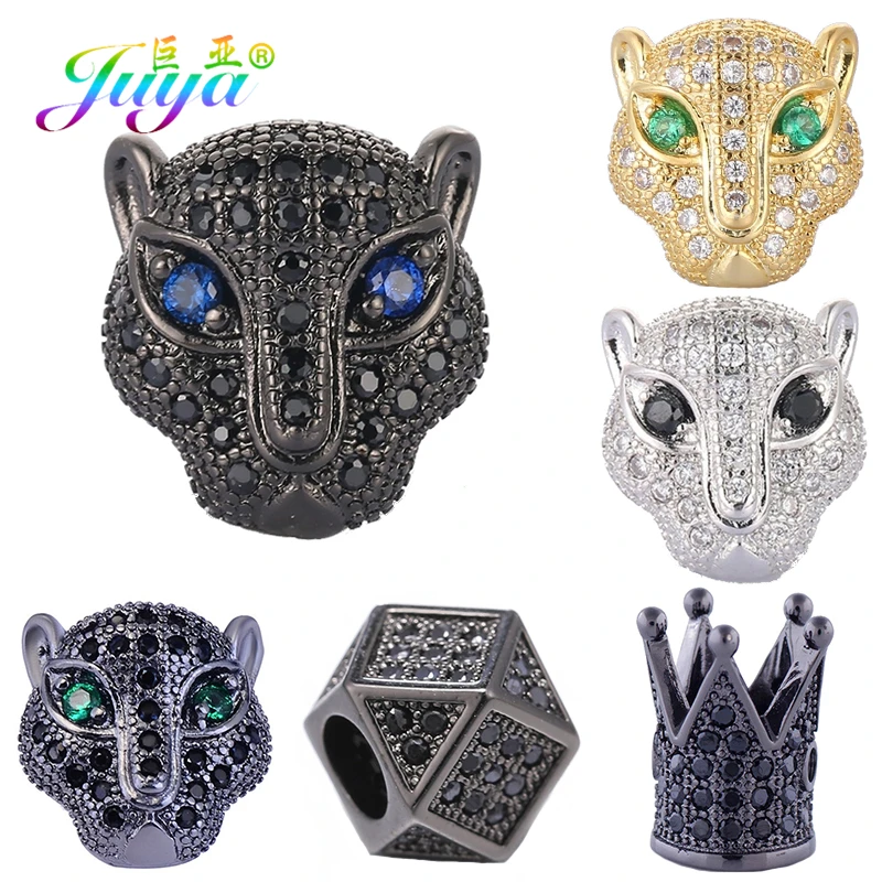 Juya DIY Lion Panther Tiger Leopard Head Beads AAA Zircon Copper Animal Charm Beads For Natural Stones Beadwork Jewelry Making