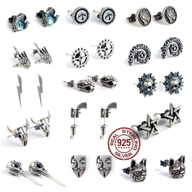 HelloLook 1pcs 925 Sterling Silver Ear Studs for Men Women Gothic Punk Stud Earrings Skull Animal Earrings Pin Piercing Jewelry