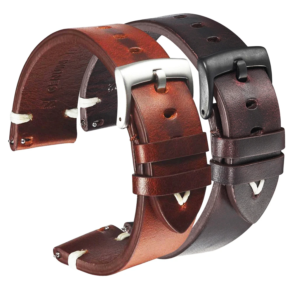 Leather Watchband Black Dark Brown Oil Wax Leather Watch Strap Italian 18mm 20mm 22mm Quick Release Watch Belt Cowhide Handmade