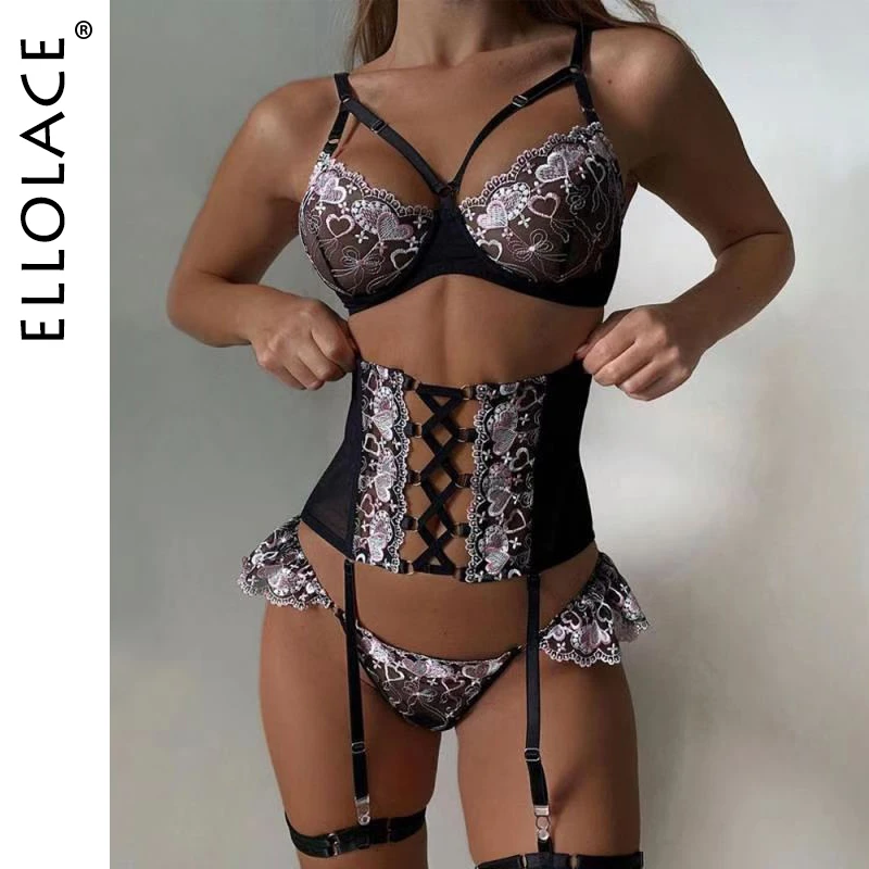 Ellolace Sensual Lingerie Woman Erotic Women's Underwear Fancy Bra with Bones Brief Sets Bandage Waistband Sexy Bilizna Set