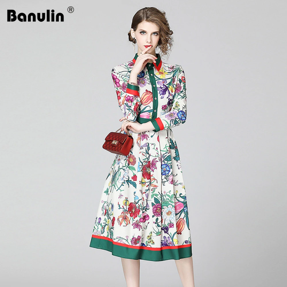 Banulin 2021 Spring Autumn Fashion Runway Shirt Dress Women's Long Sleeve Elegant Floral Stripe Print OL Pleated Midi Dress