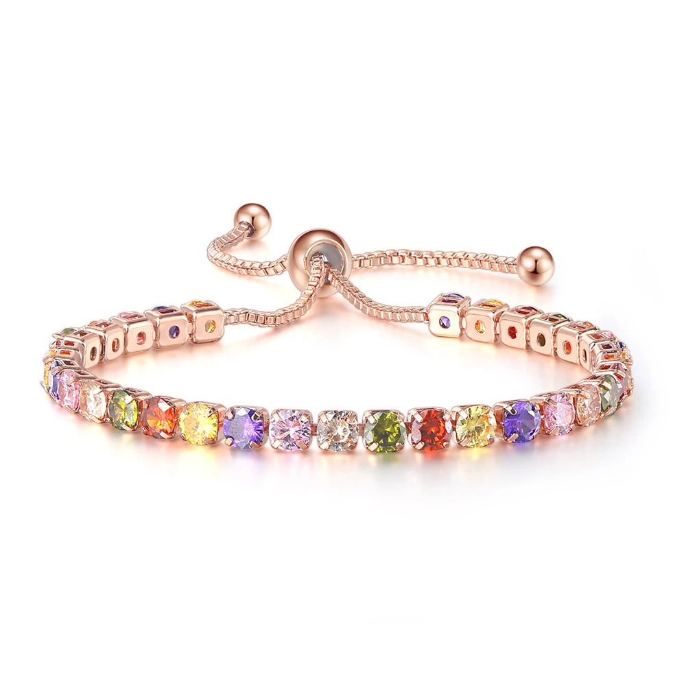 Luxury Adjustable Tennis Bracelets For Girls Christmas Gift 4mm Rainbow Zircon Rose Gold Color Women's Bracelet Jewelry H056
