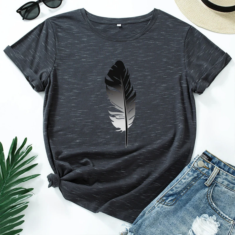 JCGO Women T Shirt Cotton Plus Size 5XL Casual Summer Feather Print Short Sleeve Loose Fashion Female Graphic Tee Shirts Tops