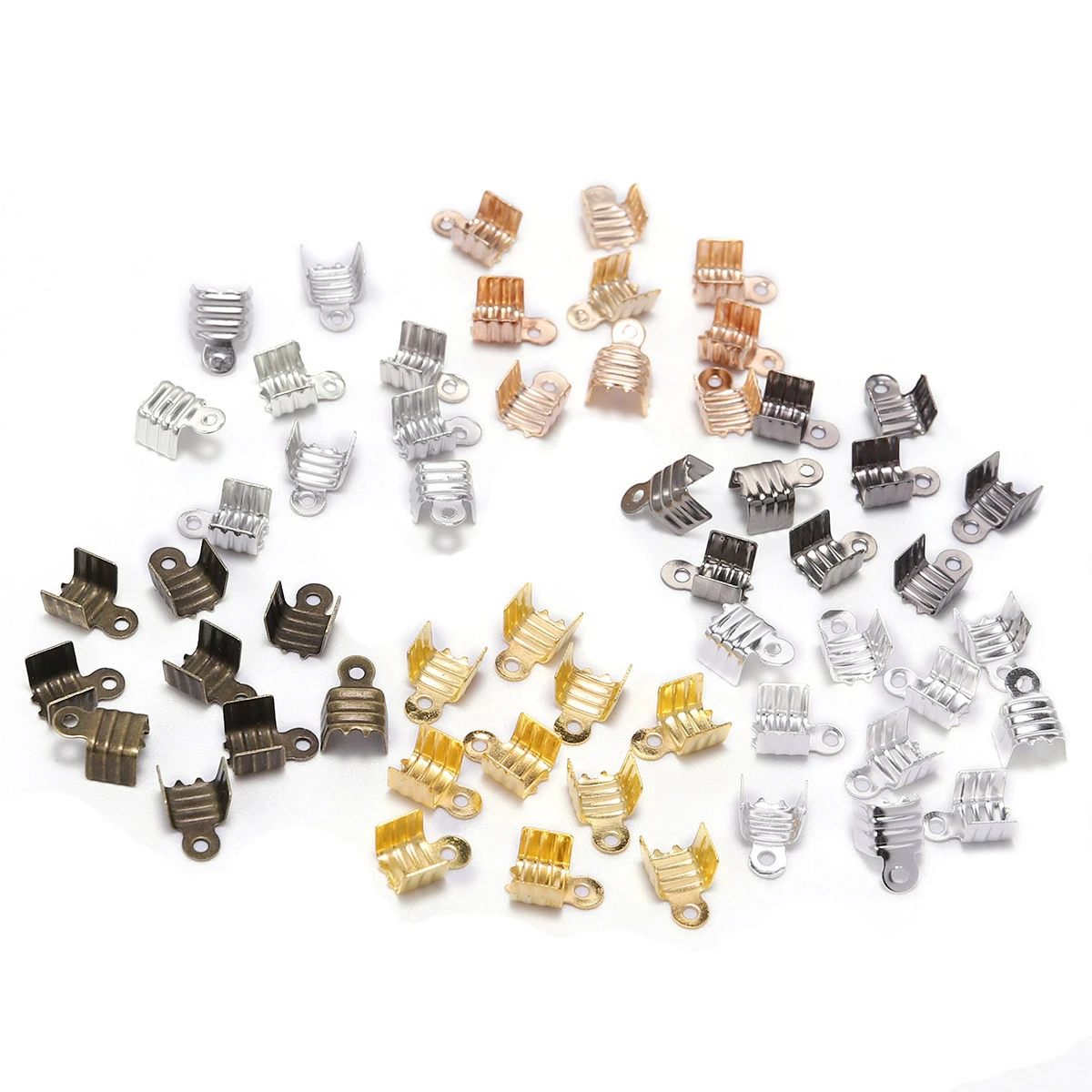 200pcs Gold Silve Small Cord End Tip Fold Over Three-wire Clasp Crimp Bead Cord Buckle Connector For Jewelry Making Supplies DIY