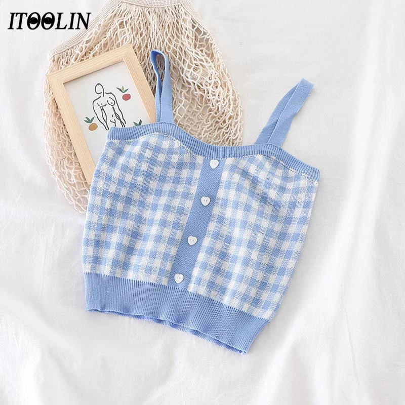 ITOOLIN 2021 Summer Tank Camis Women Cute Cottagecore Plaid Corset Crop Top Female Stretchy Camisole For Soft Girls Knitted Tops