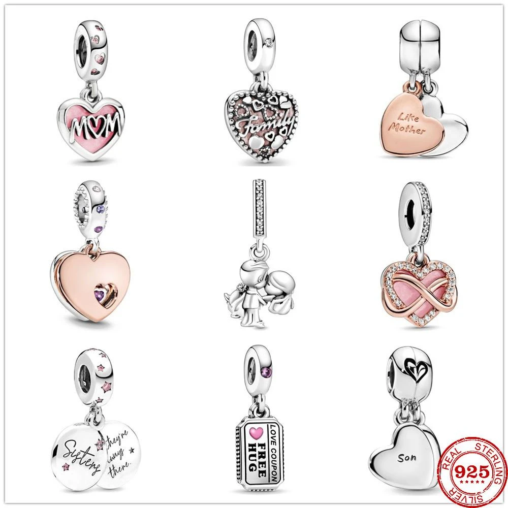 925 Sterling Silver Love Family Mother & Daughter Heart Split Pendant DIY fine beads Fit Original Pandora Charm Bracelet Jewelry