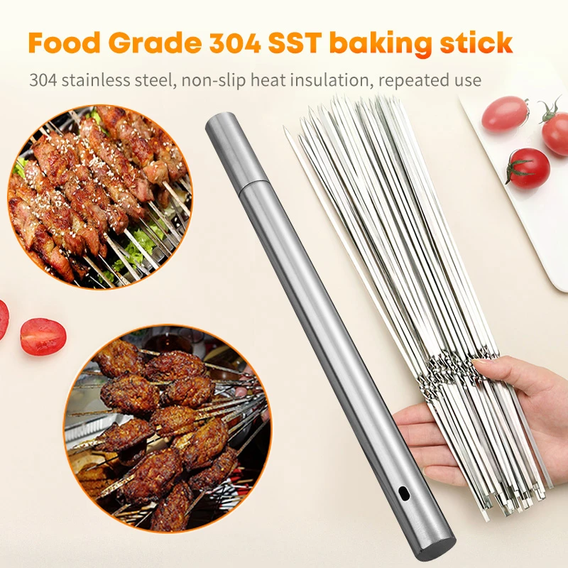 Stainless Steel Barbecue Skewer Storage Tube Reusable BBQ Skewer Flat Barbecue Fork Gadgets BBQ Utensils Camping Kitchen Tools