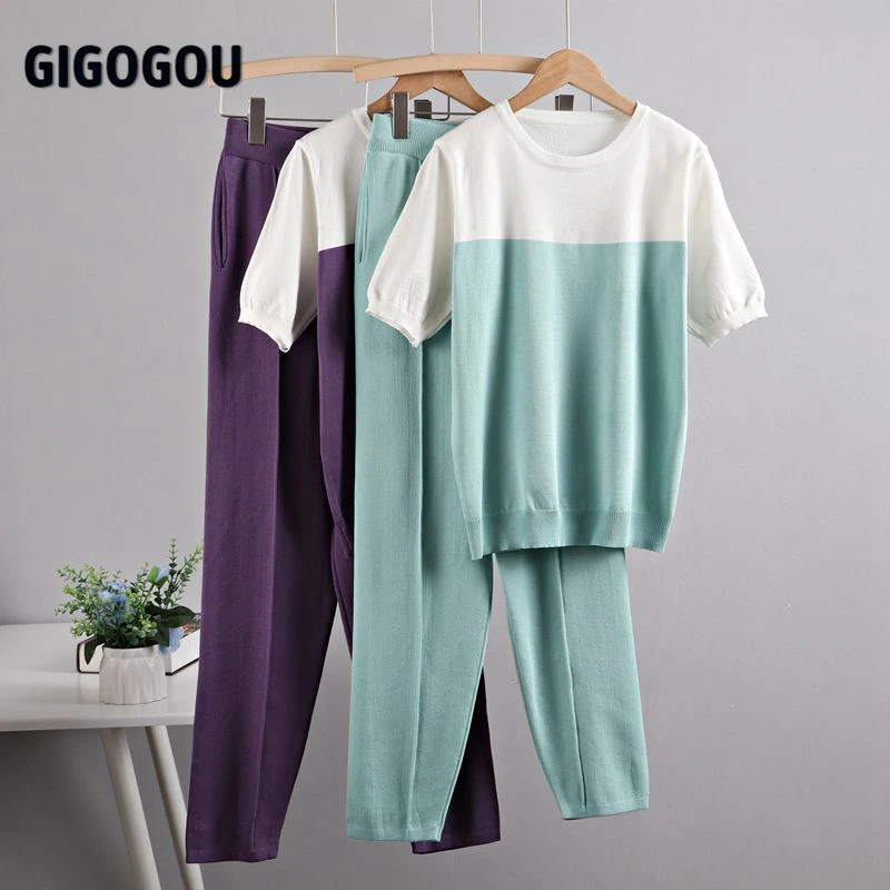 GIGOGOU Summer Tracksuits Womens Two Pieces Set Chic Outfits Knitted Cotton T Shirt High Waist Carri Pants Candy Color Clothing