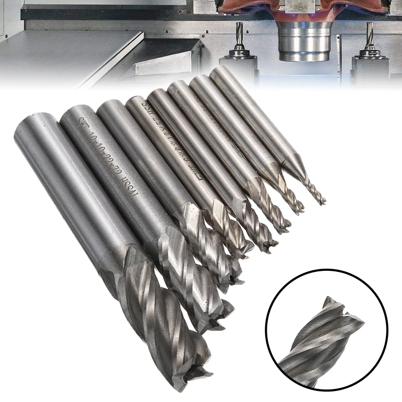 8PCS HSS Carbide Straight Shank Milling Cutter Kit Set 4 Flute End Mill CNC Cutter Drill Bit Tool 2/3/4/5/6/8/10/12mm