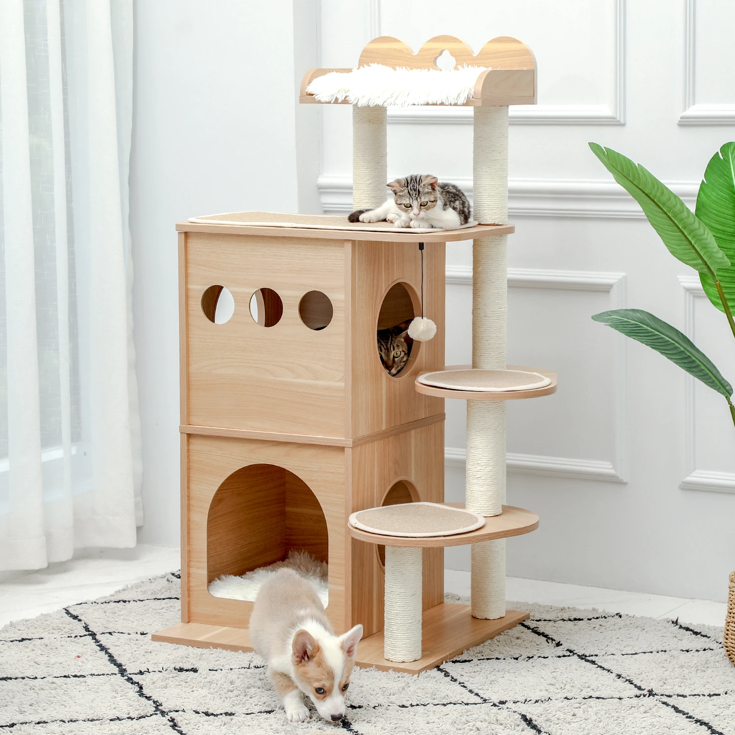 Cat Tree House Cando Cat’s Activity Center with Double Condos Soft Perch Fully Wrapped Scratching Sisal Posts for Cat Toys Tower