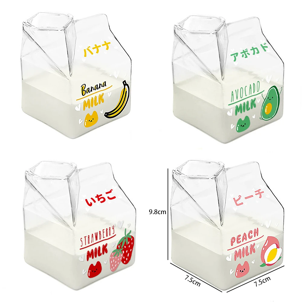 2021 Glass Creamer Box Heat Resistant Cartoon Mini Square Milk Carton Container Cup 380ml Water Cup Kawaii Mug  Kawaii Bottle