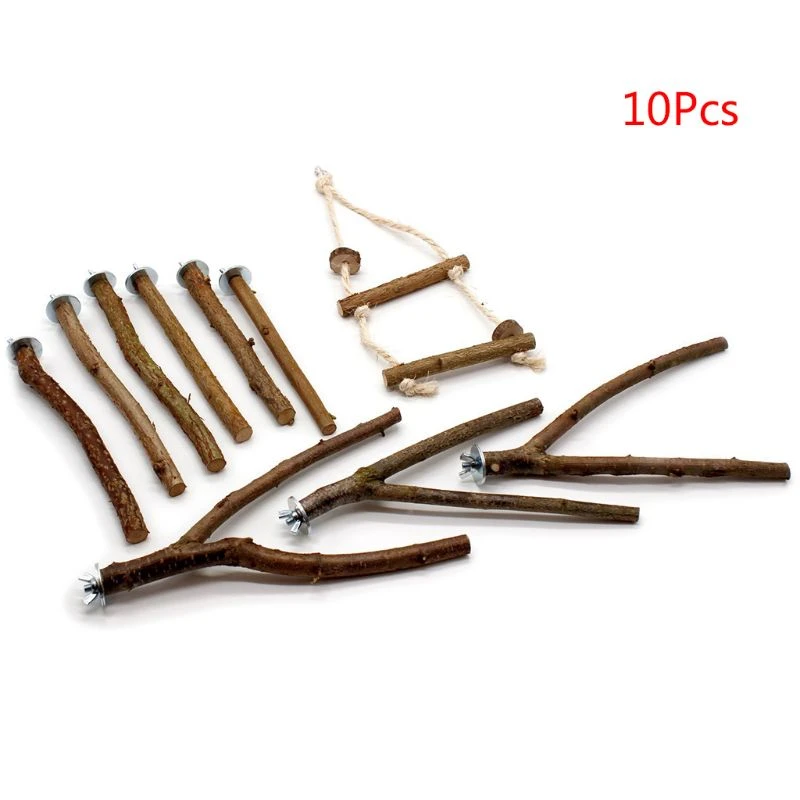 10Pcs Parrot Stand Rod Natural Wood Fork Perch Hanging Swing Pet Bird Chewing Toy Playground