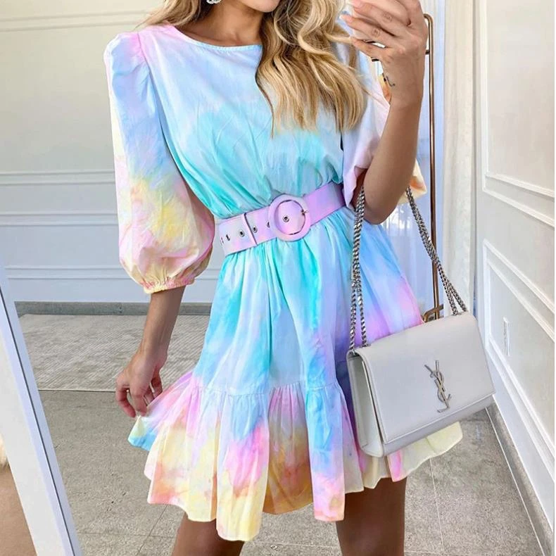 2020 Fashion Lady Casual Dresses O-Neck Tie Dye Long Ruffle Puff Sleeve Women Dress with Belt Nightclub Elegang Summer Vestido