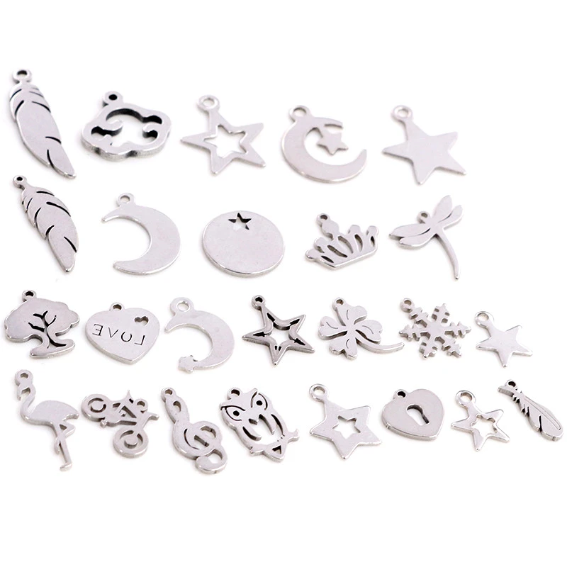 30pcs/lot No Fade Charms 316 Stainless Steel Feather Leaf Moon Star Heart For necklace pendant charms diy jewelry making