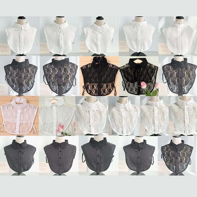 Front Tie White Fake Collar Stand Beads Detachable Collar Fake Women Vintage Crystal Lace Ladies False Blouse Collar Half Shirt